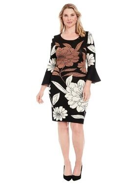 London Times Floral Sweater Knit Dress Sheath Bell Sleeve Earth Tones